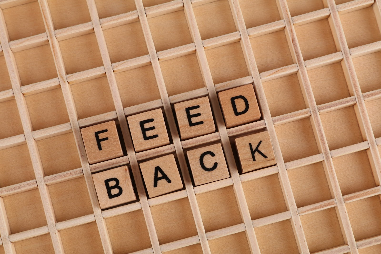 Brown wooden rectangle with orange text "FEED BACK".