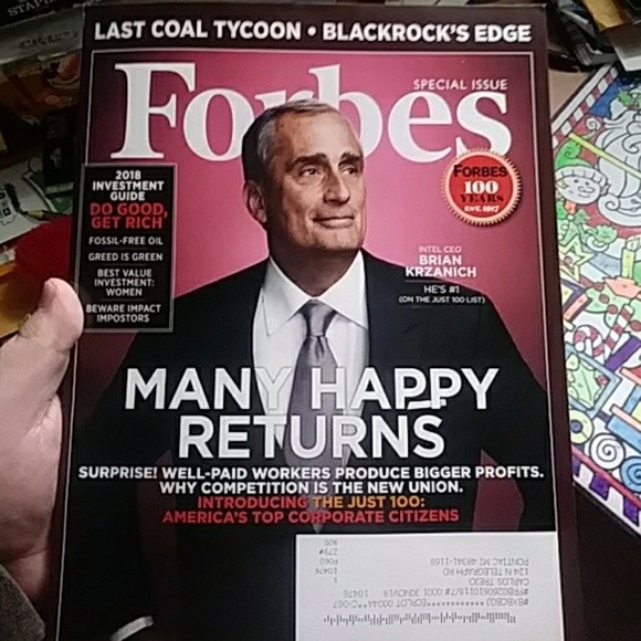 Magazine cover featuring Forbes' special issue for investment guide in 2018 with tie-wearing person and text "BEST INSTAGRAM ACCOUNTS TO FOLLOW IN 2018" and various topics like fossil-free oil, women investment, and Intel CEO