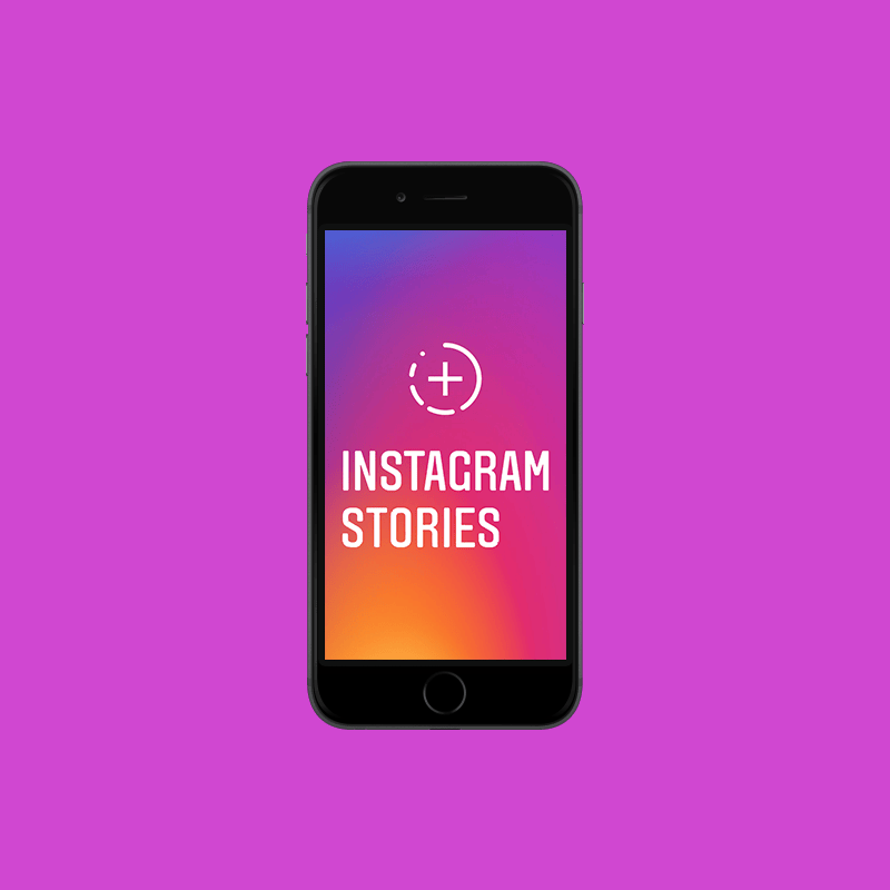 Mobile phone displaying Instagram Stories logo with the text "田 INSTAGRAM STORIES."