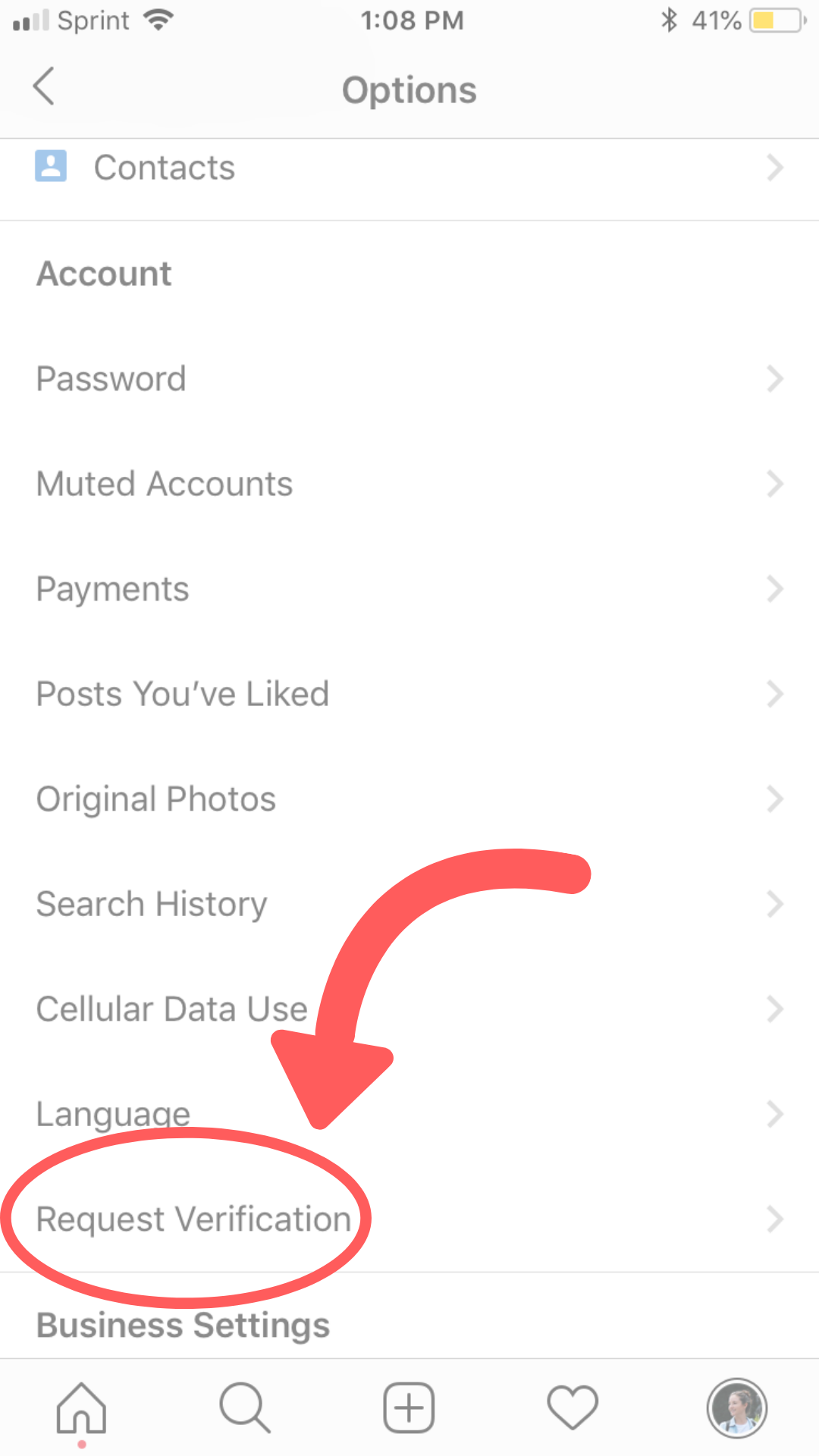 Screenshot of Instagram settings menu with a rectangle containing text options like Contacts, Account, Search History, and Request Verification displayed in a parallel line.