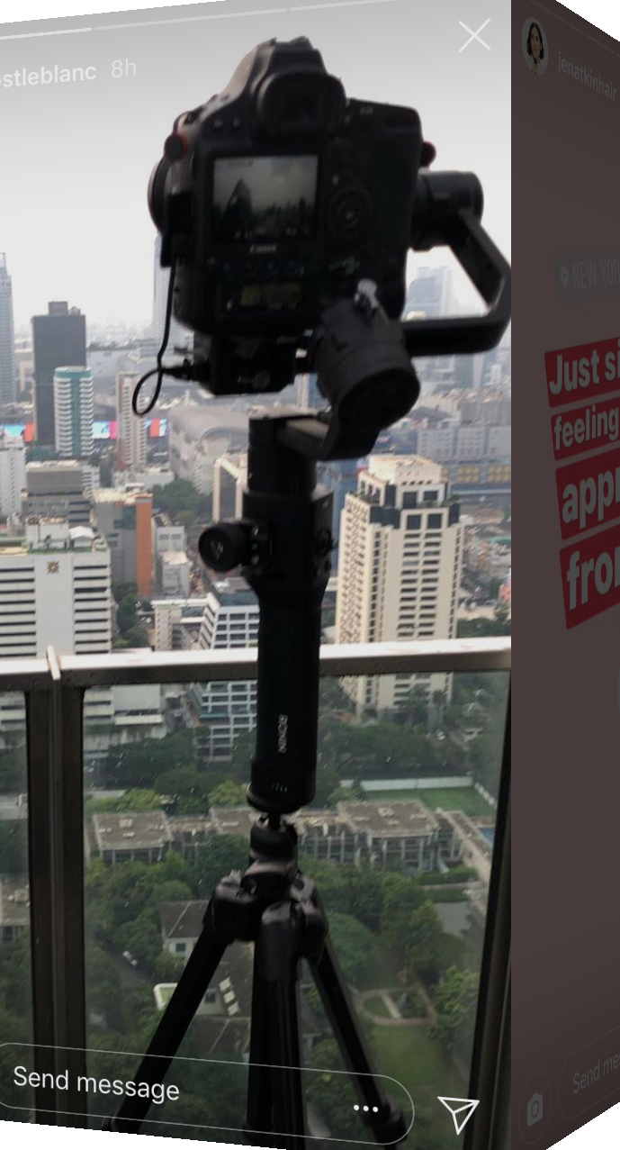 Skyscraper skyline with cameras and text overlay "stleblanc 8h" and "jenatkinhair" in Instagram Stories interface.
