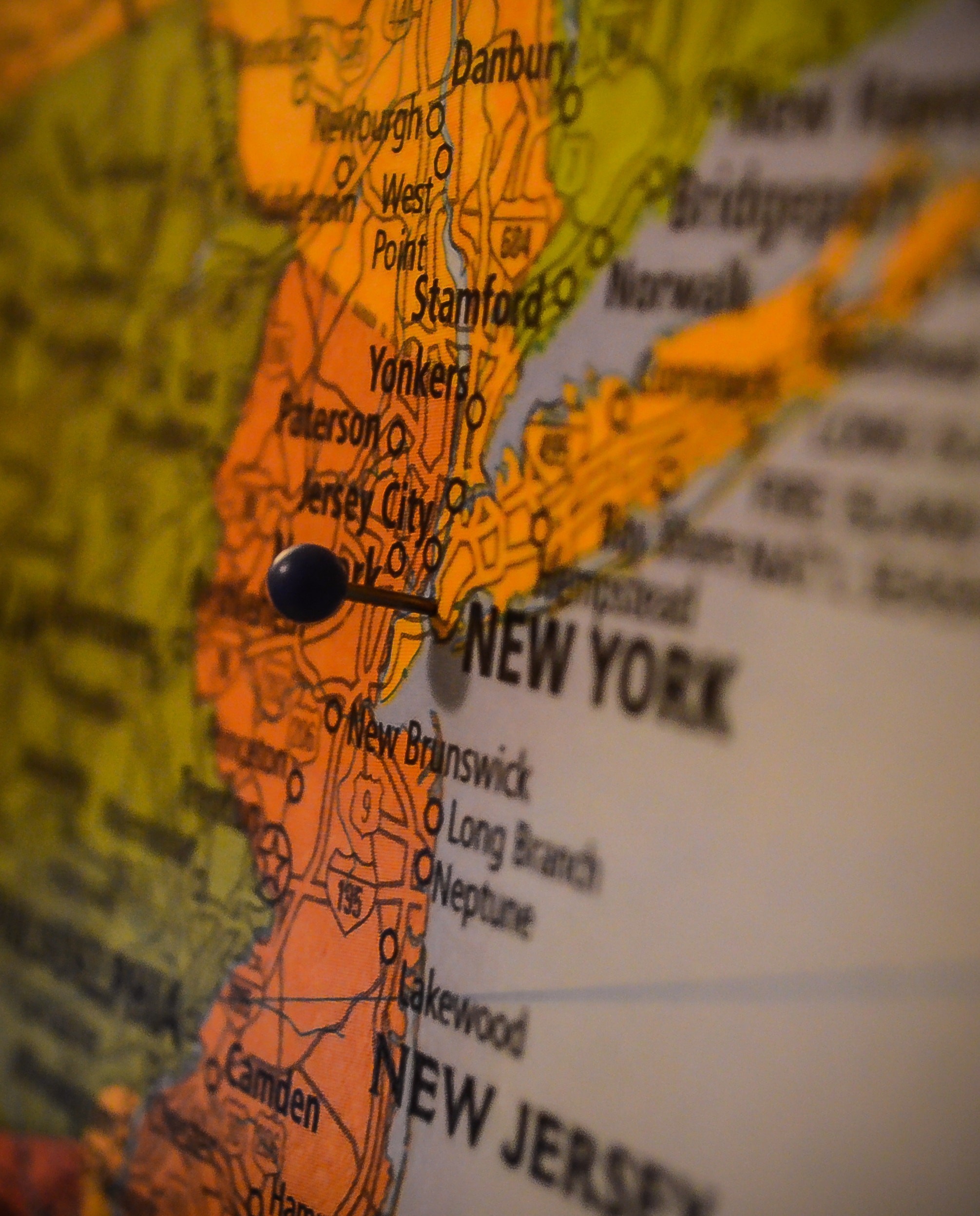 Map of the New York and New Jersey area with cities labeled, including Newburgh, West Point, Danbury, Bridgeport, Stamford, Yonkers, Paterson, Jersey City, New Brunswick, Long Branch, Neptune, Lakewood, Camden